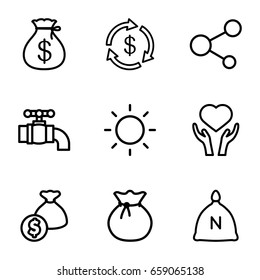 Save icons set. set of 9 save outline icons such as sack, money, money sack, heart on hand, share, contrast, tap