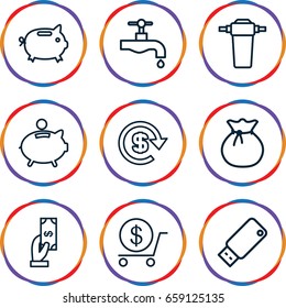 Save icons set. set of 9 save outline icons such as payment, dollar, tap, usb drive, piggy bank, sack