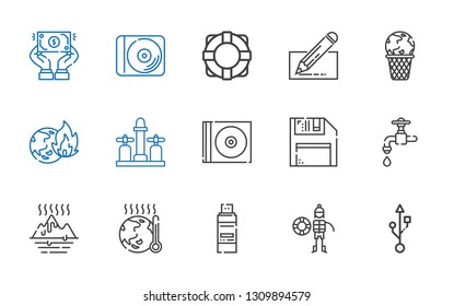 save icons set. Collection of save with usb, lifeguard, pendrive, global warming, faucet, diskette, cd, edit, lifebuoy, disc, dollar. Editable and scalable save icons.