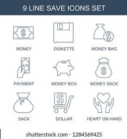save icons. Trendy 9 save icons. Contain icons such as Money, diskette, money bag, Payment, money box, Money sack, sack, dollar, heart on hand. save icon for web and mobile.