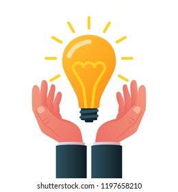 Save idea in hand man. Human hold big a glowing lamp. Vector illustration modern flat style design.
