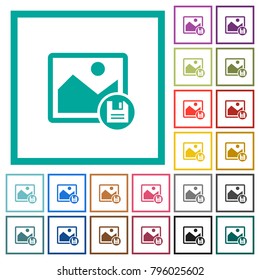 Save image flat color icons with quadrant frames on white background
