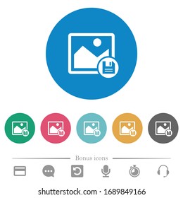 Save image flat white icons on round color backgrounds. 6 bonus icons included.