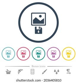 Save image to floppy disk flat color icons in round outlines. 6 bonus icons included.