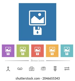 Save image to floppy disk flat white icons in square backgrounds. 6 bonus icons included.