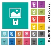 Save image to floppy disk multi colored flat icons on plain square backgrounds. Included white and darker icon variations for hover or active effects.