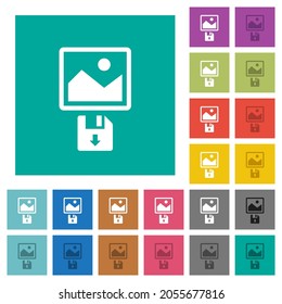 Save image to floppy disk multi colored flat icons on plain square backgrounds. Included white and darker icon variations for hover or active effects.
