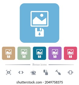 Save image to floppy disk white flat icons on color rounded square backgrounds. 6 bonus icons included