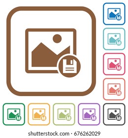 Save image simple icons in color rounded square frames on white background