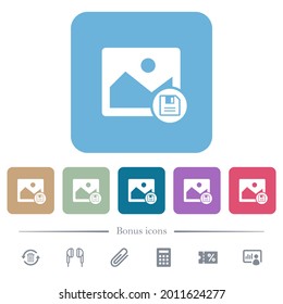 Save image white flat icons on color rounded square backgrounds. 6 bonus icons included
