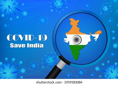 Save India for stop virus sign. Covid-19 virus cells or corona virus and bacteria close up isolated on blue background,Poster Advertisement Flyers Vector Illustration.