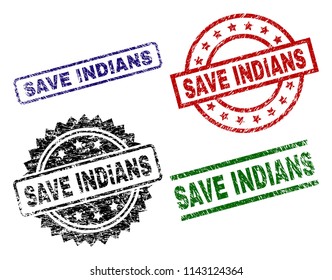 SAVE INDIANS seal prints with distress style. Black, green,red,blue vector rubber prints of SAVE INDIANS title with grunge style. Rubber seals with circle, rectangle, rosette shapes.