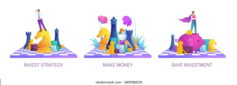 Save investment strategy concept set. Concept of invest strategy, finance and make money. Collection of various business people standing on chessboard with chess figures. Flat vector illustration
