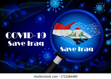Save Iraq for stop virus sign. Covid-19 virus cells or corona virus and bacteria close up isolated on blue background,
Poster Advertisement Flyers Vector Illustration.