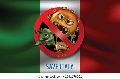 Retten Sie Italien für Stopp-Virus-Zeichen. Covid-19-Viruszellen oder Corona-Virus und Bakterien, Nahaufnahme einzeln auf schwarzem Hintergrund, Vektorillustration und Illustration.