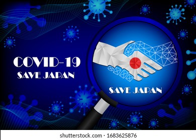 Save japan for stop virus sign. Covid-19 virus cells or corona virus and bacteria close up isolated on blue background,
Poster Advertisement Flyers Vector Illustration.