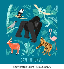 Save The Jungle Eco Concept. Vector Illustration With Animals Of The African Rainforest And Tropical Plants. Mammals, Birds And Reptiles In A Flat Style.