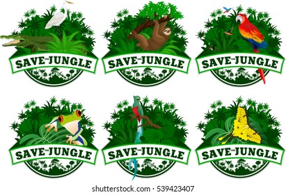 save jungle emblems with animals set