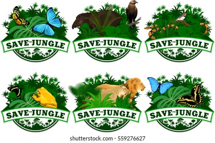 save jungle emblems with animals set