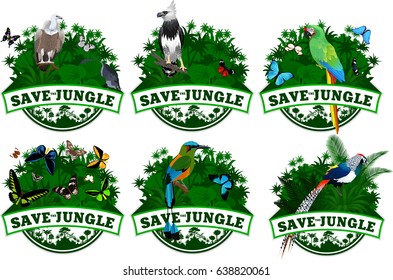 save jungle emblems with animals set