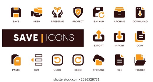 Speichern, beibehalten, schützen, sichern, sichern, archivieren, herunterladen, exportieren, importieren, kopieren, einfügen, ausschneiden, rückgängig machen, wiederherstellen, speichern, Datei, Ordner, Verlauf, Version, Cloud, Laufwerk, Daten, Farben, ausschneiden, horizontal, Icons