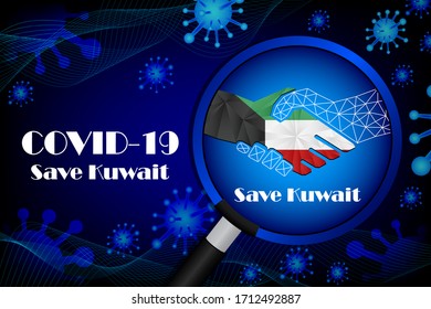 Guarde Kuwait para detener el signo de virus. Las células del virus Covid-19 o el virus de la corona y las bacterias se cierran aisladas en el fondo azul,
Ilustración vectorial de volantes publicitarios de afiches.