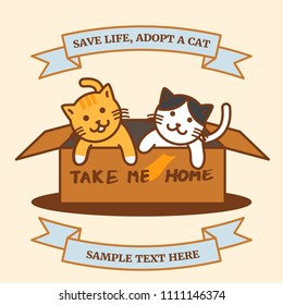 Save life, adopt a cat concept, cats in cardboard box, outline cartoon style