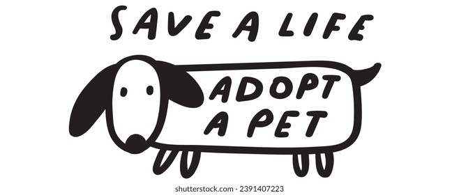 Save a life adopt a pet. Cute homeless dog. Vector outline icon. Badge. Illustration on white background.
