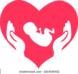 Save the life of a child. Hands on the background of the heart protect the newborn baby. Vector illustration. Vector.