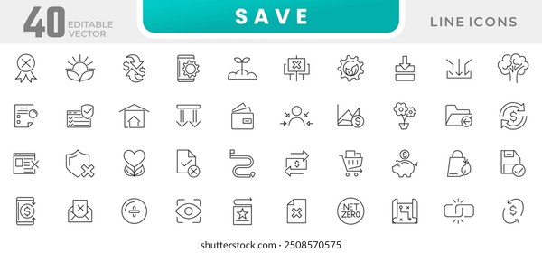 Save line icon collection. Saving, download, protect, business, eco, bank, documents, data, and insurance icon set. UI outline icon pack