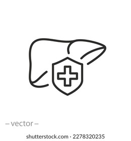 save liver icon, protect human liver, medical shield, hepatoprotector concept, thin line symbol on white background - editable stroke vector illustration eps10