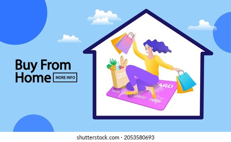 Save lives. Young girl doing online shopping from home during Covid-19. All stay at home. Online purchases from home during Quarantine. shopper buying online with credit card. Flat vector illustration