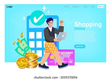 Save lives. Young man doing online shopping from home during Covid-19. All stay at home. Online purchases from home during Quarantine. shopper buying online with credit card. Flat vector illustration