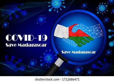 Save Madagascar for stop virus sign. Covid-19 virus cells or corona virus and bacteria close up isolated on blue background,
Poster Advertisement Flyers Vector Illustration.