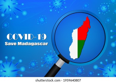 Save Madagascar for stop virus sign. Covid-19 virus cells or corona virus and bacteria close up isolated on blue background,Poster Advertisement Flyers Vector Illustration.