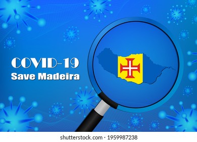 Save Madeira for stop virus sign. Covid-19 virus cells or corona virus and bacteria close up isolated on blue background,
Poster Advertisement Flyers Vector Illustration.