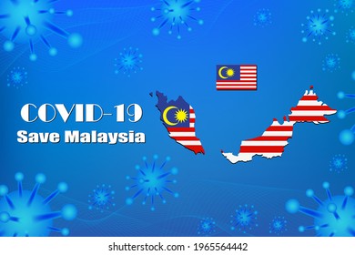 Save Malaysia, stop the virus sign. Covid-19 virus coronavirus cells, close up, isolated on blue background, Poster Advertisement Flyers Vector Illustration.