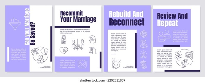 Save marriage from total collapse purple brochure template. Review, repeat. Leaflet design with linear icons. Editable 4 vector layouts for presentation, annual reports. Anton, Lato-Regular fonts used