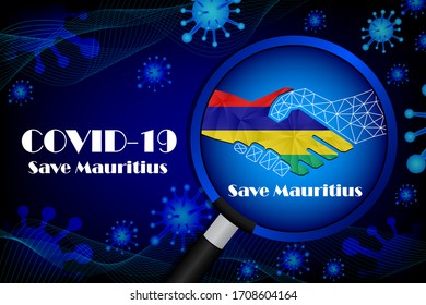 Save Mauritius, stop virus concept. Covid-19 virus cells or coronavirus close up isolated on blue background.  Poster Advertisement Flyers Vector Illustration.