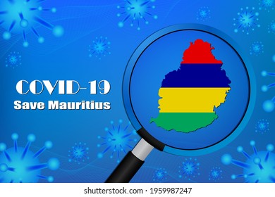 Save Mauritius for stop virus sign. Covid-19 virus cells or corona virus and bacteria close up isolated on blue background,Poster Advertisement Flyers Vector Illustration.