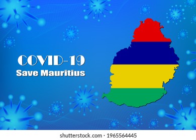 Salven a Mauricio, detengan la señal del virus. Células del virus del coronavirus Covid-19, encerrar, aisladas en fondo azul, Afiche Anuncio Volantes Ilustración vectorial.