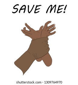 Save me poster. Violence against children. Flat design vector illustration. Black, dark skinned man's hand holding kid's hands. White background.