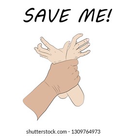 Save me poster. Violence against children. Flat design vector illustration. Man's hand holding kid's hands. White background.