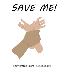 Save me poster. Violence against children. Flat colors design vector illustration. Man's hand holding kid's hands. White background.