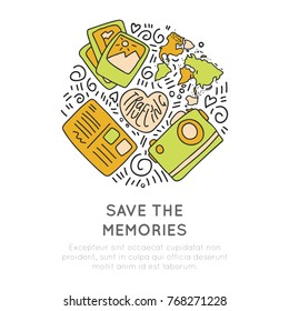 Save the memories travel icons. Concept icon design about travel, adventure and collect moments. Round icon travel illustration collection moments, not things