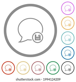 Save message flat color icons in round outlines on white background