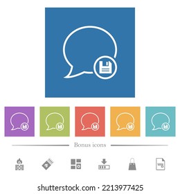 Save message outline flat white icons in square backgrounds. 6 bonus icons included.