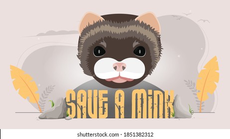 Save the mink banner. Mink face, forest silhouette. Animal conservation concept. Vector.