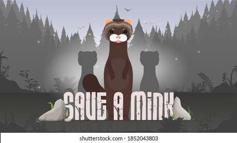 Save the mink banner. Mink, forest silhouette. Animal conservation concept. Vector.