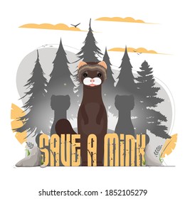 Save the mink banner. Mink, forest silhouette. Animal conservation concept. Vector.